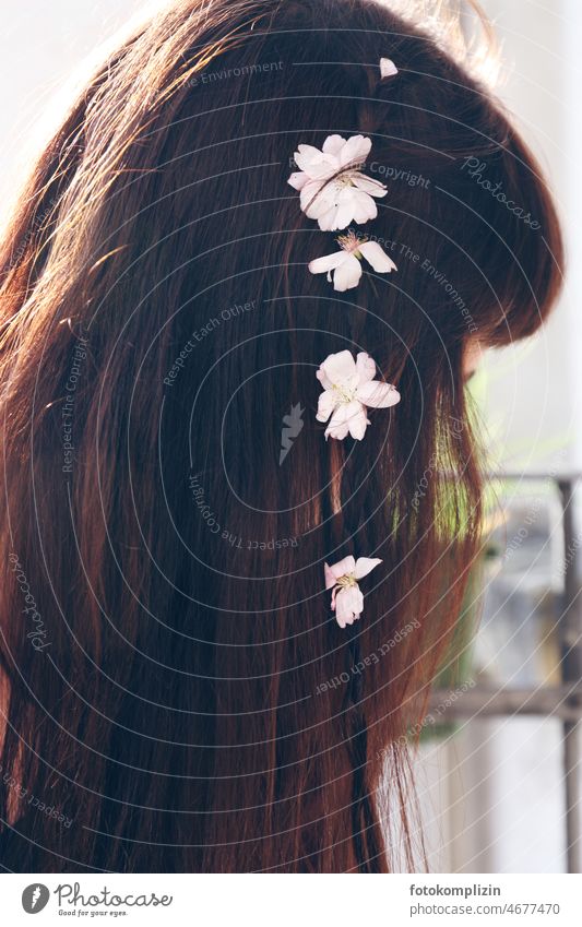 Blüten in langem Haar eines Mädchens Haare Haare & Frisuren feminin schön Junge Frau weiblich romantisch Romantik Hippie Blumenmädchen Haarschmuck Kopf