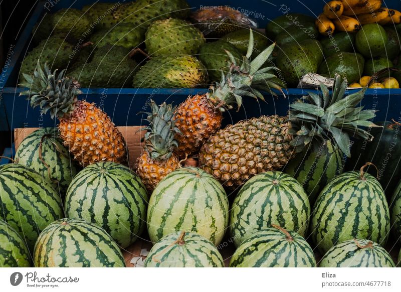 Ananas, Wassermelonen und andere tropische Früchte an einem Obststand Wassermone obst früchte Marktstand lecker Asien exotisch Lebensmittel gesund vegan