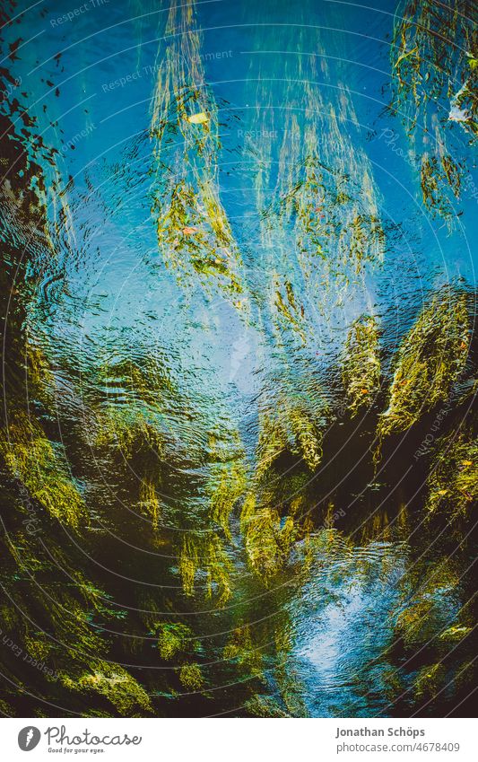 Spiegelung Fluss mit Algen Wasser Wasseroberfläche grün blau Reflexion & Spiegelung abstrakt Hintergrundbild Wasserspiegelung Außenaufnahme Menschenleer