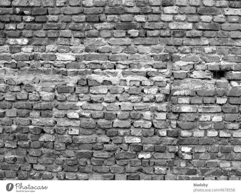 Altes bröckelndes Mauerwerks aus Backstein eines Altbau in Offenbach am Main in Hessen, fotografiert in neorealistischem Schwarzweiß stadt Neorealismus