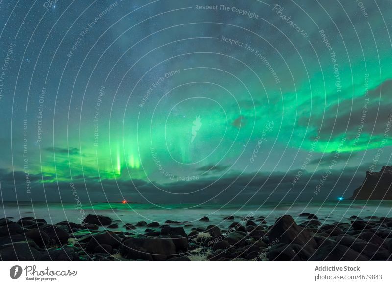 Landschaft mit Polarlicht über einer felsigen Meeresküste in Norwegen MEER Aurora polar Natur Meereslandschaft Insel Nordlicht Meeresufer malerisch Abend Himmel