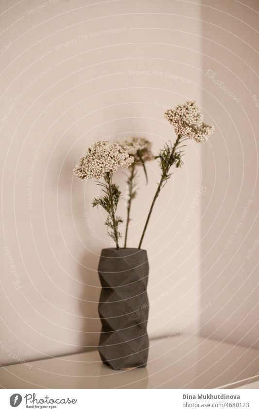 Licht und luftige Foto von drei weißen Blumen Bouquet in einer kleinen Vase auf Couchtisch isoliert auf beige neutrale Farbe Hintergrund. Floral vertikalen Wohnkultur Innenraum Kulisse. Romantische Überraschung.