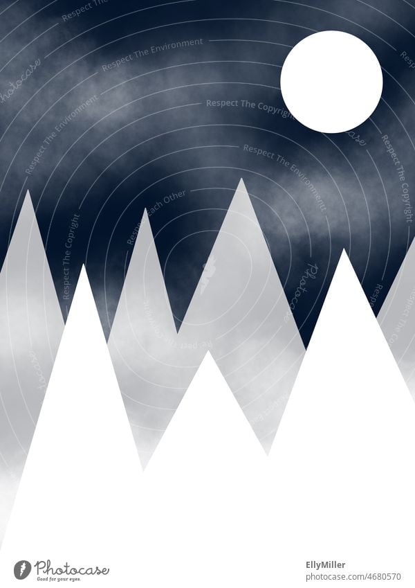 Mondschein in den Bergen. illustration grau weiß Nacht Vollmond dunkel Himmel Nachthimmel Natur Menschenleer Licht leuchten Silhouette Landschaft Kontrast