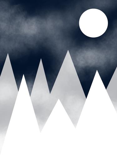 Mondschein in den Bergen. illustration grau weiß Nacht Vollmond dunkel Himmel Nachthimmel Natur Menschenleer Licht leuchten Silhouette Landschaft Kontrast
