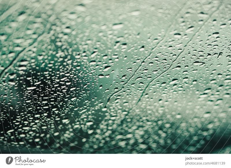 Regentropfen prasseln auf die Windschutzscheibe Glasscheibe nass Hintergrundbild Detailaufnahme abstrakt Wassertropfen Unschärfe verschwommen Tropfen