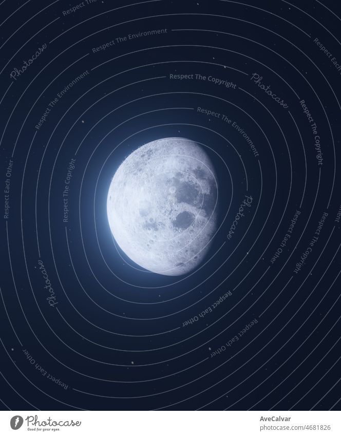 Realistische 3d render Mond im Raum, realistische Mondoberfläche, Mondkrater. Schwarz mit Sternen Hintergrund Kopie Raum. Glühende Oberfläche. Elemente dieses Bildes von der NASA zur Verfügung gestellt. Cinematic Szene.Illustration