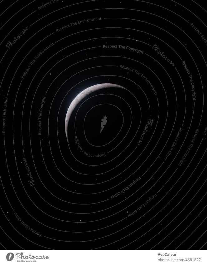 Realistische 3d render Mond im Raum, realistische Mondoberfläche, Mondkrater. Schwarz mit Sternen Hintergrund Kopie Raum. Glühende Oberfläche. Elemente dieses Bildes von der NASA zur Verfügung gestellt. Cinematic Szene.Illustration