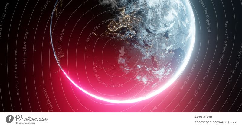 Erde Planet aus dem Weltraum in der Nacht zeigt die Lichter während der Nacht von Europa und Afrika mit der Sonne blühen, 3d Render des Planeten Erde, Technologie und Kommunikation Hintergrundbilder