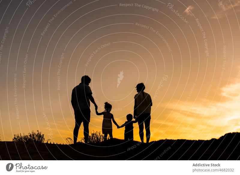 Anonyme Familie mit Kindern beim Spaziergang in der Natur Silhouette Geschwisterkind Elternschaft Reittier Sonnenuntergang Kindheit Partnerschaft Liebe Sommer