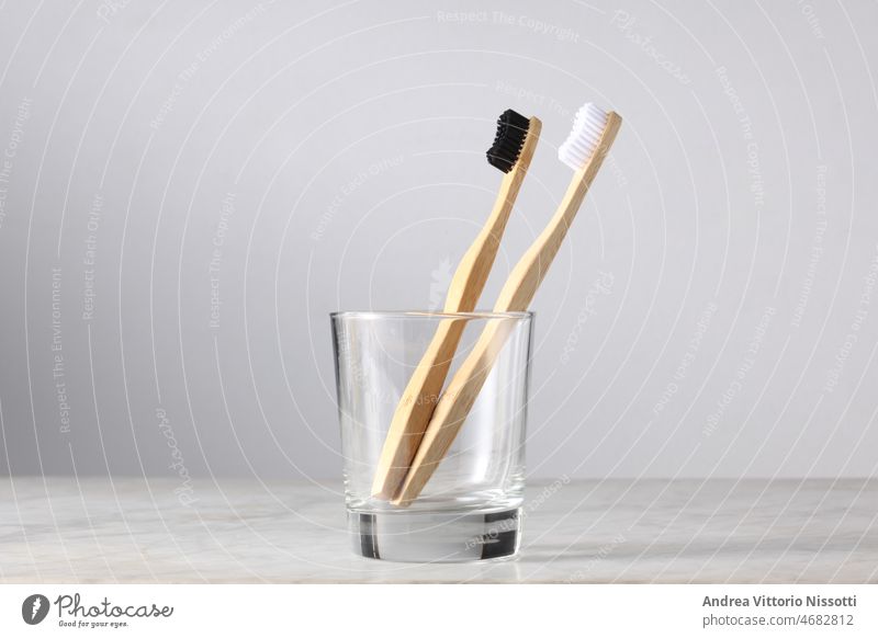 zwei Bambuszahnbürsten in einem Glas mit Platz für Ihren Text Zahnbürste Hygiene dental Gesundheit Gerät medizinisch Zahnarzt Stillleben niemand Farbe Bild