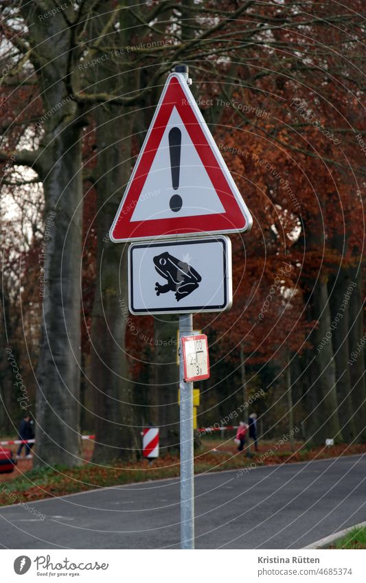 aufpassen krötenwanderung vorsicht achtung ausrufezeichen verkehrsschild warnung hinweis rüberlassen ausweichen langsam fahren überqueren straße landstraße wald