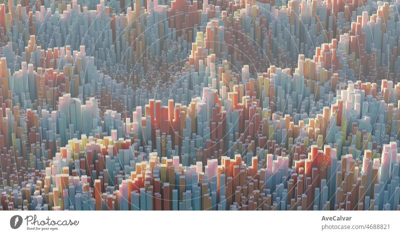 Massive bunte Würfel Muster Böden uneben mit Löchern 3d Illustration erhöht. Abstrakte Architektur Hintergrund. Einfache abstrakte Geometrie mit verschobenen Würfel - 3d Illustration, Rendering
