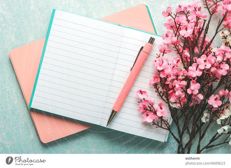 Draufsicht auf ein leeres, geöffnetes Tagebuch mit rosa Stift, Mandelblüten und Textfeld Journal Lehrbuch lesen Attrappe Nahaufnahme Taschenbuch Konzept Planer