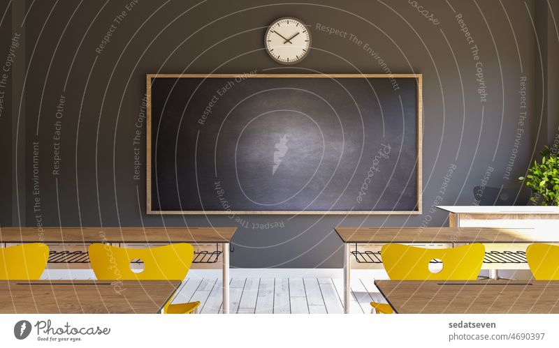 Leere Innenraum der klassischen Schule Klassenzimmer mit schwarzer Kreide 3D-Rendering gelb Lernen Schüler abstrakt schulisch Pupille Lehrer Uhr Raum