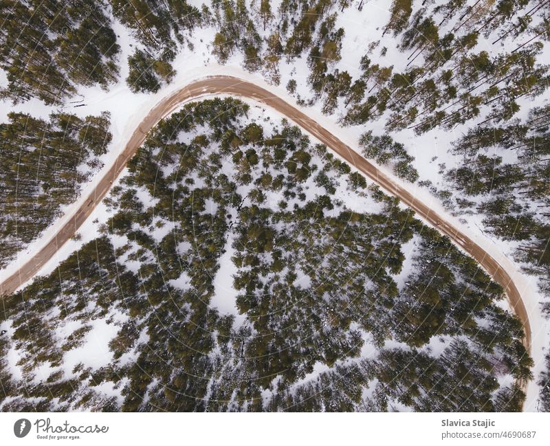 Winterstraße. Luftaufnahme einer Straße durch einen verschneiten Wald im Winter. Holz kurvenreich Top Verkehr natürlich Ausflugsziel Umwelt Dröhnen Asphalt Weg
