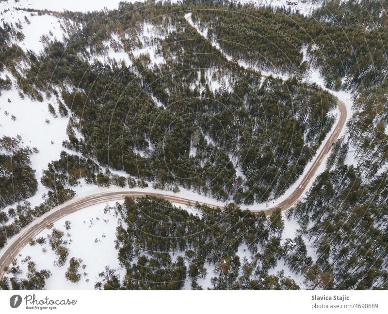 Winding Road In Winterlandschaft. Luftaufnahme von Drohne von Straße zwischen Bäumen in verschneiten Wald Abenteuer wild hoch Flug Schönheit Weg Landschaft
