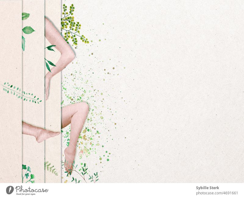 Beine und Arme, die aus Jalousien mit gemalten Blättern und Spritzern herausragen Schönheit Selbstentdeckung Öko schön Kosmetik natürlich Natur