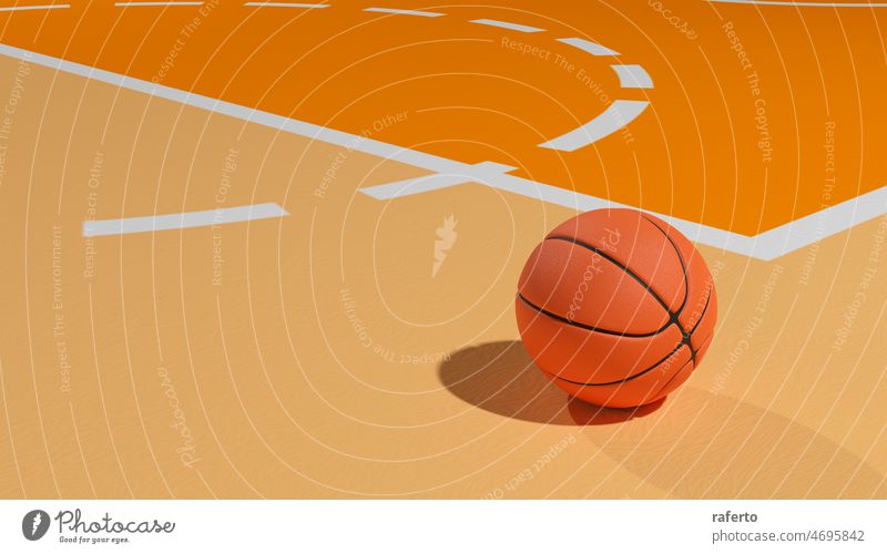 3d-Rendering eines Basketballs auf einem Spielfeld Ball Nahaufnahme Gericht Korb Konkurrenz Gerät dreidimensional Kugel niemand Grafik u. Illustration