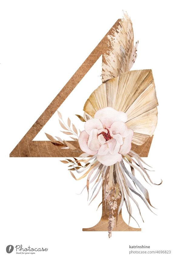 Aquarell Nummer 4 verziert mit getrockneten Blättern und tropischen Blumen, böhmische Illustration botanisch Charakter Dekoration & Verzierung exotisch Laubwerk
