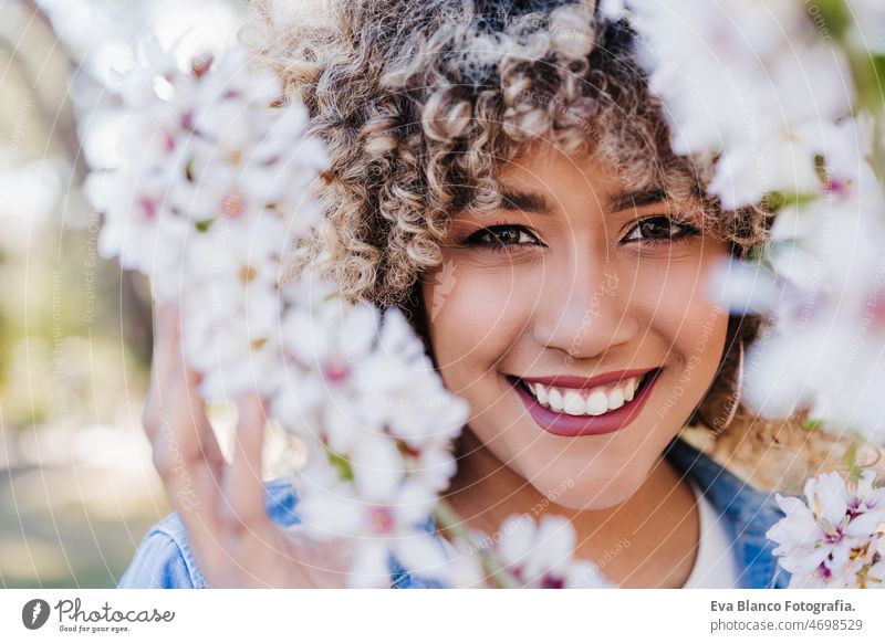 porträt einer glücklichen hispanischen frau mit afro-haar im frühling zwischen rosa blumen. natur Afro-Look Frau Frühling Blumen Porträt abschließen Mandelbaum