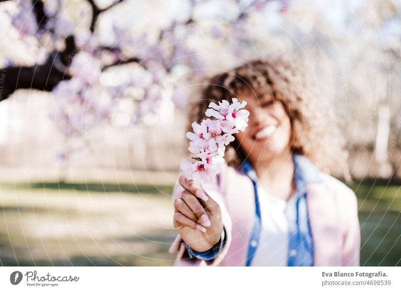 glückliche hispanische frau mit afro-haar im frühling zwischen rosa blüten. selektiver fokus auf blumen Afro-Look Frau Frühling Blumen Porträt abschließen