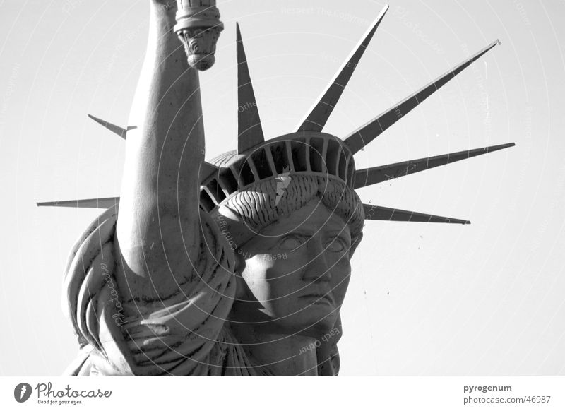 Wie frei kann eine Statue sein? Amerika Wahrzeichen Bekanntheit schwarz weiß Stein Metall hoch Kopf Zacken Freiheitsstatue