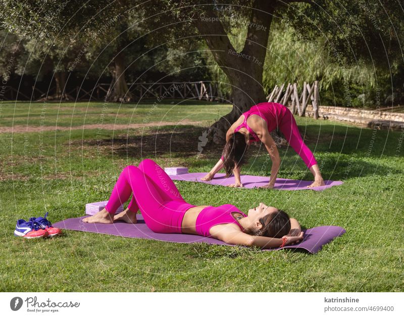 Zwei Frauen in rosa Kleidung machen Übungen in einem Park Yoga Unterlage Pilates Sport Gesundheit sitzen Sommer grün sonnig jung mittleres Alter zwei