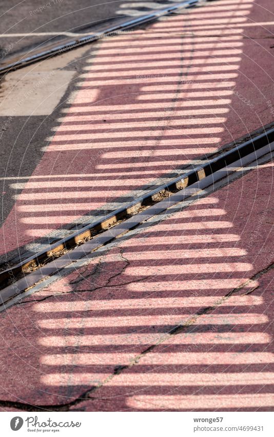 Baustellenübergang | Schatten eines Bauzauns auf Asphalt Absperrung Baustellenabsicherung Übergang Gehweg Straßenbahngleise Sicherheit Zaun Schutz