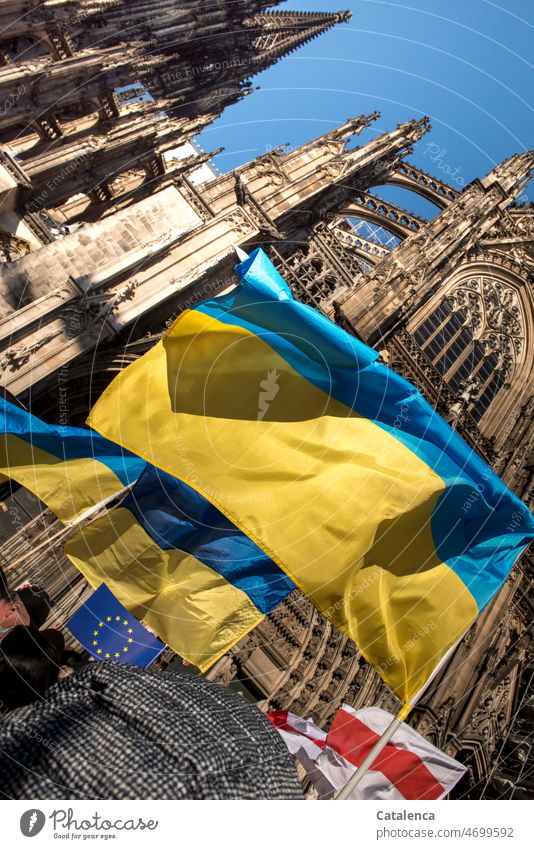 Ukrainische Fahnen  vor Kölner Dom Ukraine ehen schwenken Europäische Union Belarus Bauwerk Architektur Stadt Wahrzeichen Kirche Gebäude Religion & Glaube Demo