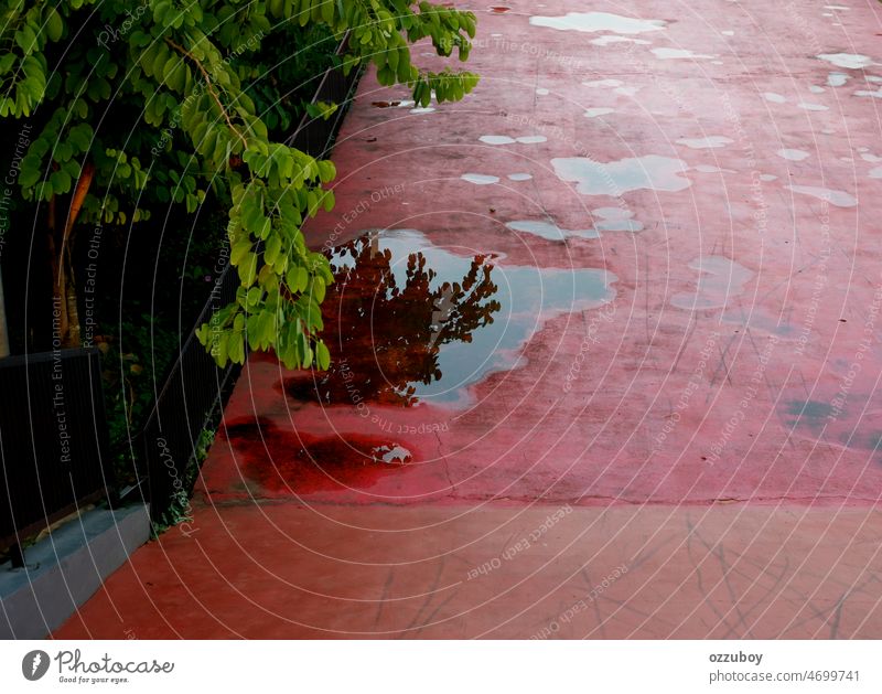 Pfütze Wasser Reflexion auf dem Park Straße Regen Reflexion & Spiegelung nass alt Straßenbelag im Freien Tropfen Golfloch Wetter Stadtleben regnerisch