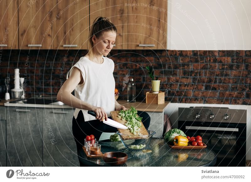 Sportliche Frau kocht gesundes Essen zu Hause Salatbeilage Gesundheit Sellerie Paprika heimwärts Lifestyle Küche Veganer Diät Gemüse Essen zubereiten Tisch
