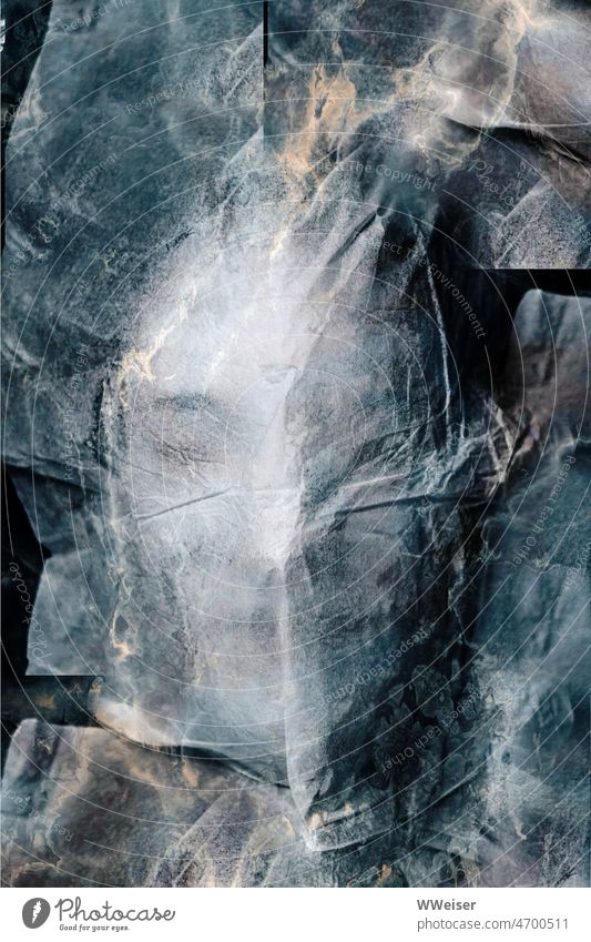 Unter dem Stoff oder Papier zeichnet sich ein schmales Gesicht ab Maske abgedeckt transparent Struktur Textur schlafen künstlich KI verdeckt geschützt Kind