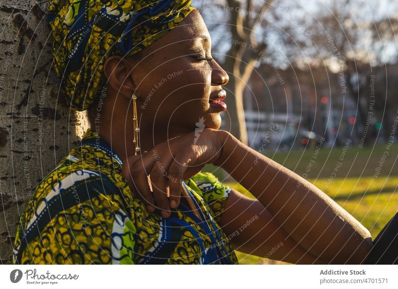 Afrikanische Frau ruht sich in der Nähe eines Baumes aus Park ruhen Wochenende Sommer Großstadt Tradition Kofferraum tagsüber Straße ethnisch Afroamerikaner
