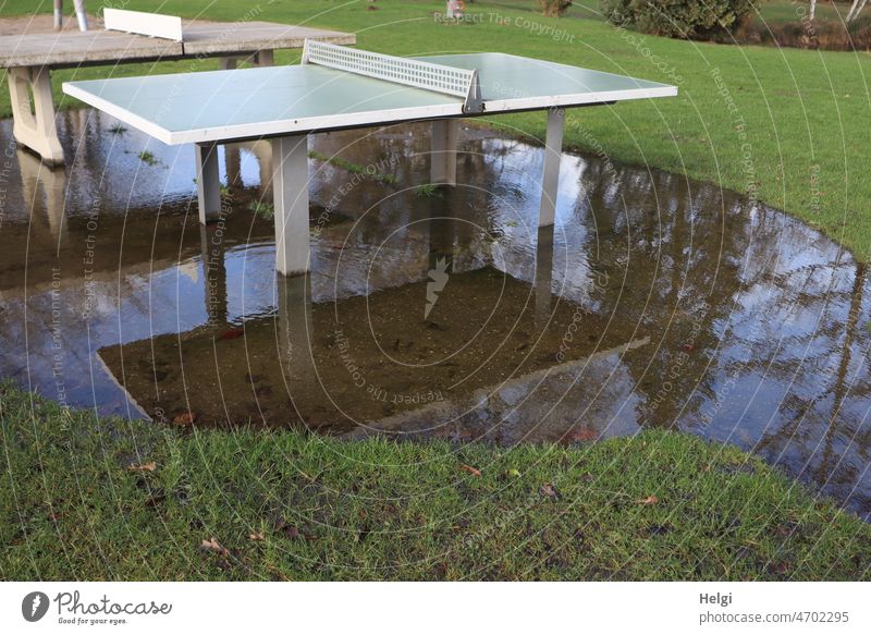 nass - zwei Tischtennisplatten stehen auf einer Wiese in einer großen Regenpfütze mit Spiegelung Sport Pfütze Wasser Bäume Außenaufnahme Reflexion & Spiegelung