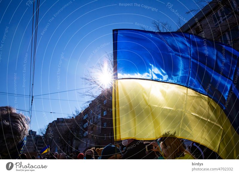 wehende ukrainische Flagge auf einer Friedensdemonstration mit strahlender Sonne im Gegenlicht. Stadt Ukraine Nationalflagge strahlende Sonne Demonstranten