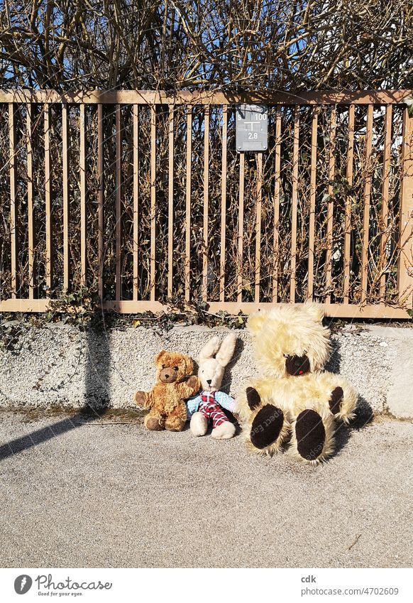 Auf der Straße sitzen. Stofftiere Kuscheltiere Spielzeug zu Verschenken auf dem Gehweg ausgesetzt warten zum Mitnehmen alleine ohne Besitzer auf der Straße
