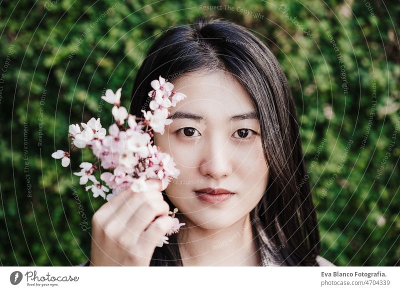 Porträt einer schönen chinesischen asiatischen Frau, die Mandelbaumblüten hält. Frühling im Freien Chinesisch Blumen Natur Großstadt Orientalisch jung grün