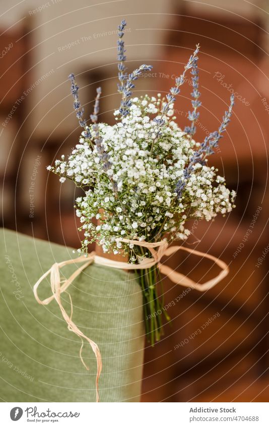 Gypsophila-Sträußchen auf Stuhl Blume Blumenstrauß Dekor festlich Hochzeit Veranstaltung feiern geblümt Dekoration & Verzierung Blüte Raum Sitz duftig klein