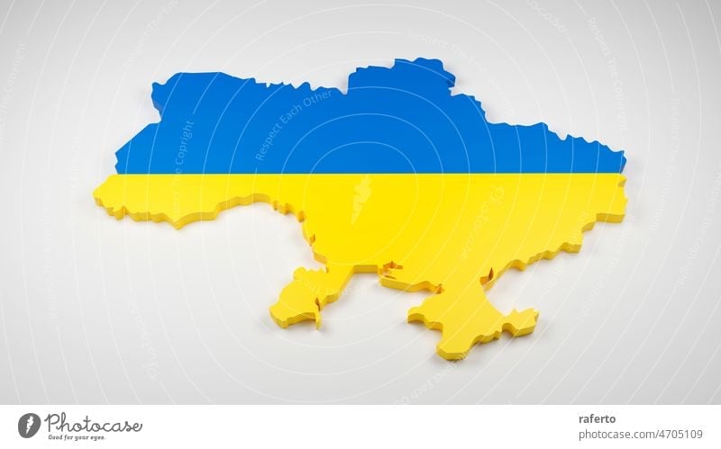 Ukraine Karte mit Flagge. 3d render Kartographie Fahne Landkarte glänzend Form blau Symbol Krim Borte Farben ausschneiden erzeugt Geografie Regierung horizontal