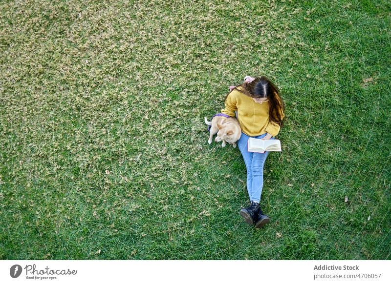 Gesichtslose Frau liest Buch auf Rasen in der Nähe von Hund Besitzer Park Tier Haustier Zeitvertreib lesen Literatur Hobby Leseratte Etage Freizeit Eckzahn
