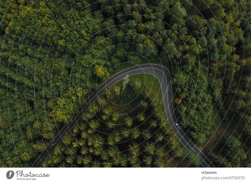 Kurvenreiche Straße umgeben von Bäumen im Wald, Drohnenaufnahme Antenne Dröhnen Ansicht Auge Landschaft Natur kurvenreich Abenteuer grün Vogelauge PKW Asphalt