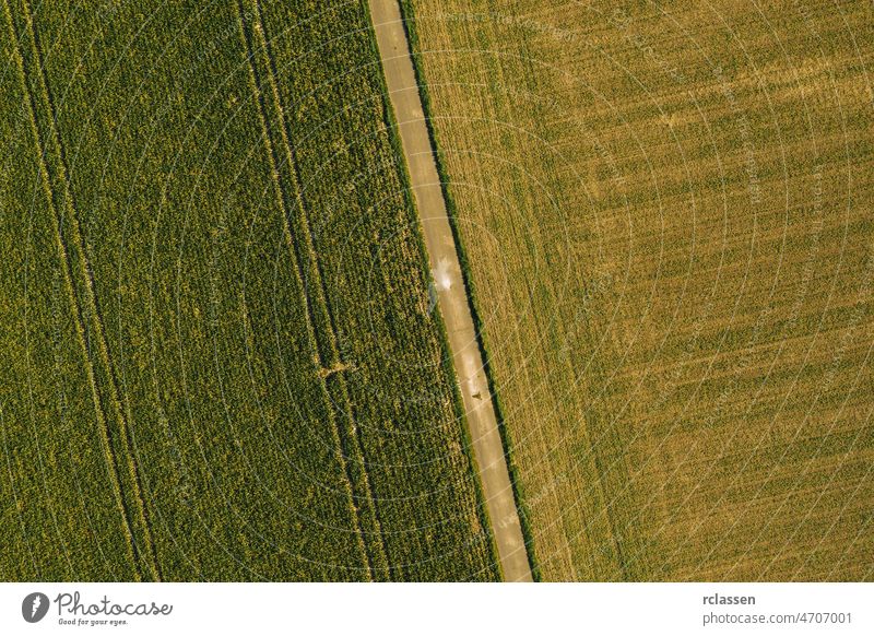 geometrische Formen von landwirtschaftlichen Parzellen mit verschiedenen Kulturen in braunen Farben. Luftaufnahme von einer Drohne direkt über dem Feld aufgenommen