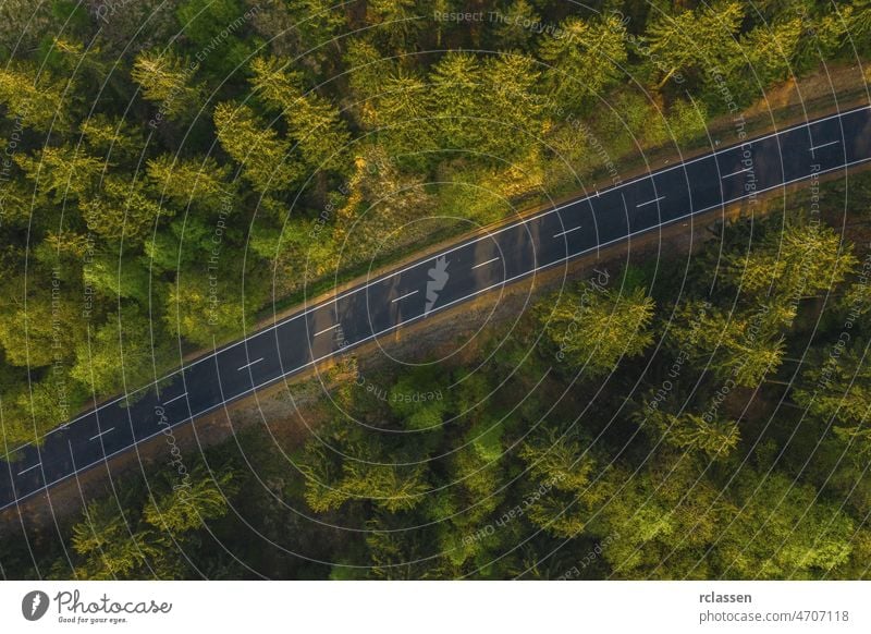 Luftaufnahme einer Landstraße, die durch den grünen Wald und die Berge führt Straße Antenne Dröhnen Ansicht Auge Landschaft Natur Abenteuer Asphalt Gras