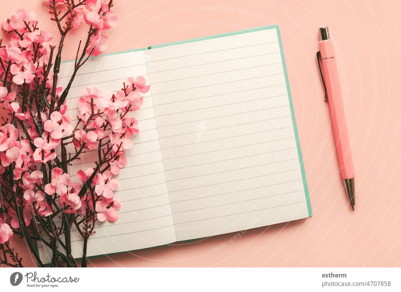 Draufsicht auf ein leeres, geöffnetes Journal mit Kopierbereich, rosa Stift und Mandelblüten Tagebuch Lehrbuch lesen Attrappe Nahaufnahme Taschenbuch Konzept
