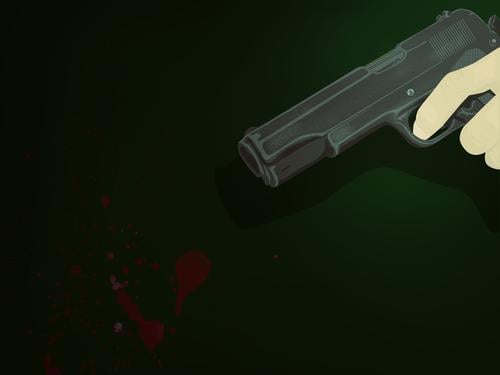 Die Ermordung Pistole Mord Mörderin Todesschütze spionieren Krieg Gewalt Blut Handfeuerwaffe Revolver Colt Finger Spritzer rot