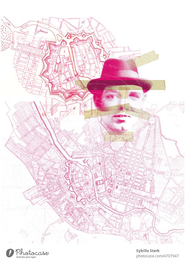 Mannesporträt aus mehreren Gesichtern auf alten Berliner Landkarten Porträt Hut verschiedene Gesichter Vermittler spionieren Krieg Karten Berlin Karten