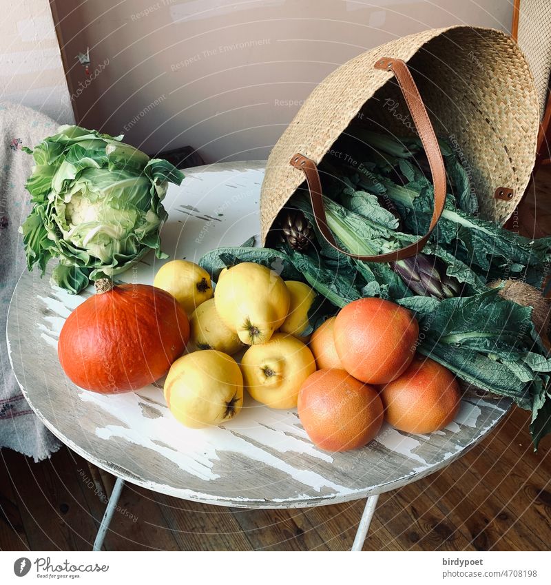 Gemüse und Früchte in einem Korb auf einem Tisch Mangold Holztisch Kürbis Quitten Grapefruit gelb orange grün hellrot