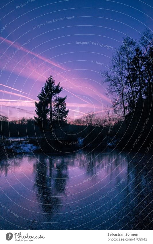 Dämmerung am Winterabend auf einem See mit Silhouetten Bäume und Reflexion Baum Himmel Saison Natur Landschaft Abenddämmerung Eis gefroren schön Ansicht