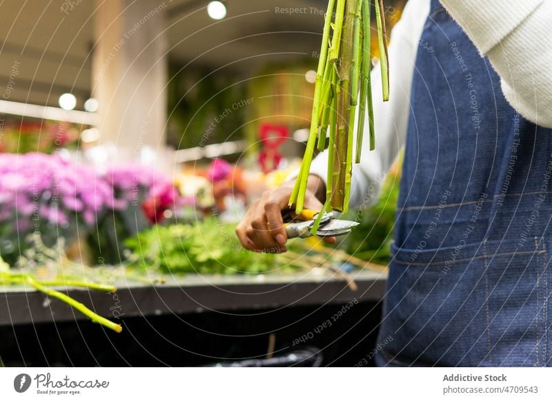 Unbekannter Florist schneidet Blumenstängel Verkäufer Arbeiter Blumenladen Blumenstrauß geschnitten Vorbau Blumenhändler Pflanze Stutzen Werkzeug Instrument