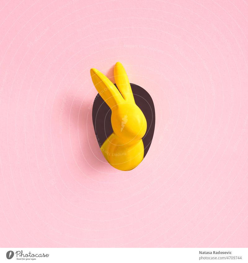 Ein gelber Osterhase schaut aus einem eiförmigen Loch in der rosa Hintergrundwand. Ostern sehr wenige Textfreiraum Osterkaninchen Osterhintergrund